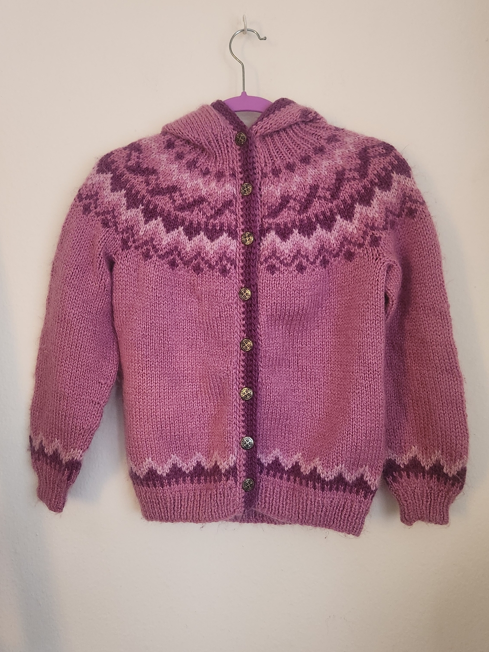Womens Hand-Knit Pink Patterned Wool Hooded Cardigan Sweater